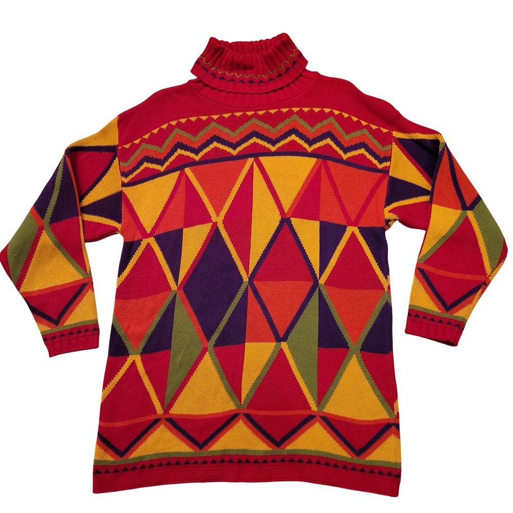 Della McKain Vintage Geometric Turtleneck Sweater Red Multicolor‎ USA L
